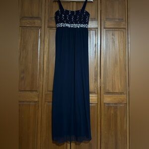 Navy Beaded Empire Waist Evening Gown